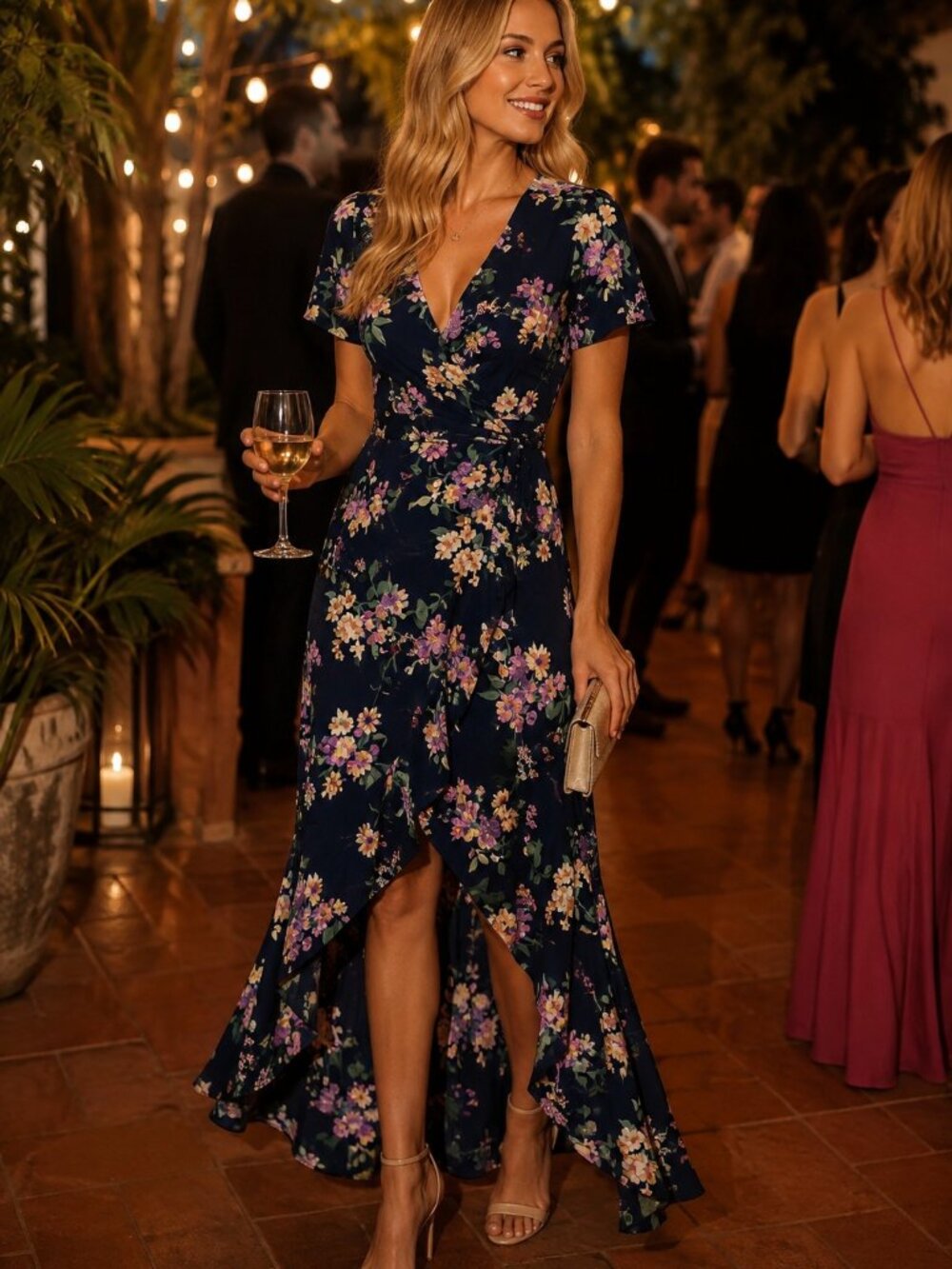 Chelsea28 Womens S Navy Floral Faux Wrap High Low Maxi Dress Wedding Guest